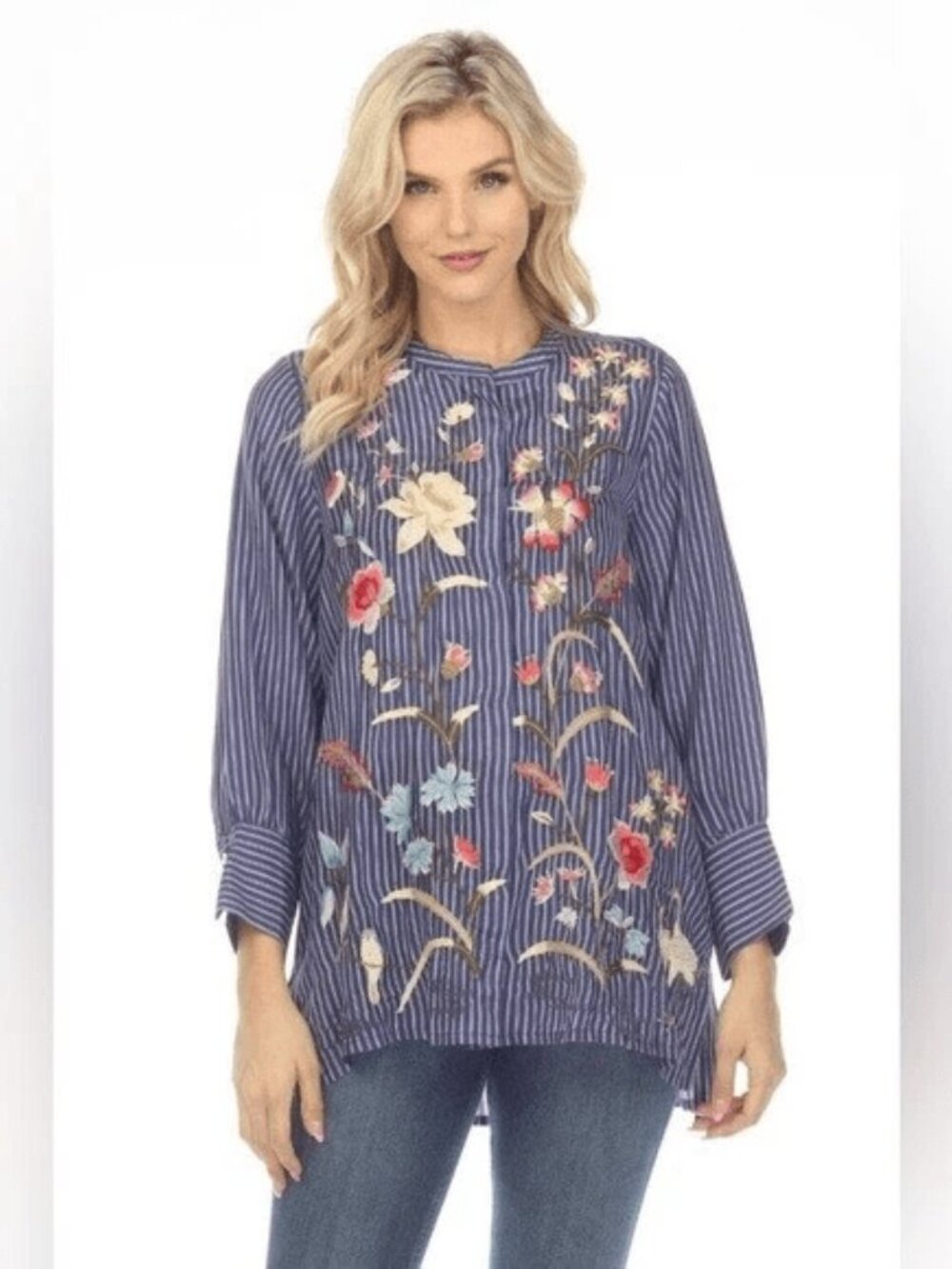 Johnny Was Workshop Geniveve Voyager 100% Silk Embroidered Tunic Top Small